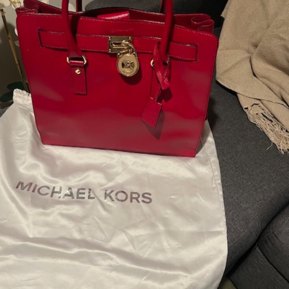 Michael Kors Hamilton Large Genuine Leather Tote Shoulder Bag Red